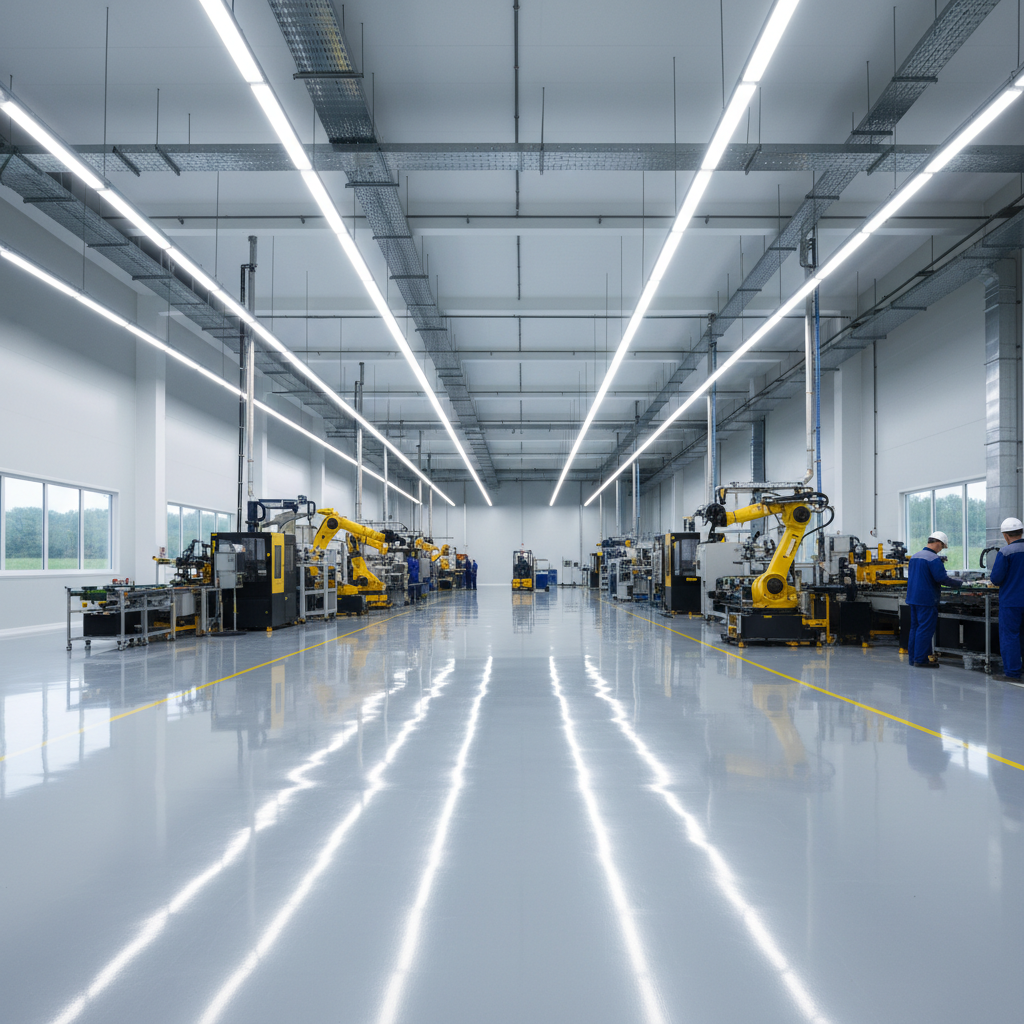 Industrial warehouse with smooth grey epoxy floor coating, heavy machinery in background, bright fluorescent lighting