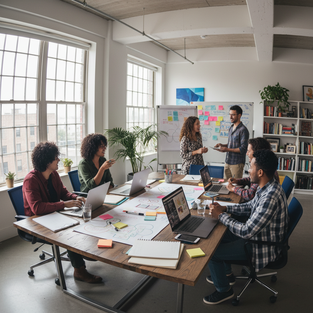 Creative team collaborating around table with design mockups and brand materials in bright modern studio space