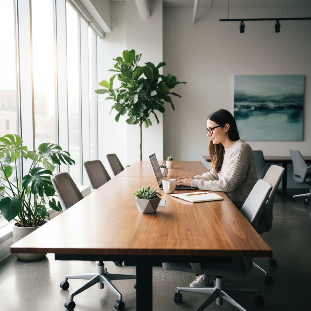 Developer coding on laptop with clean desk setup, bright airy workspace, soft natural light