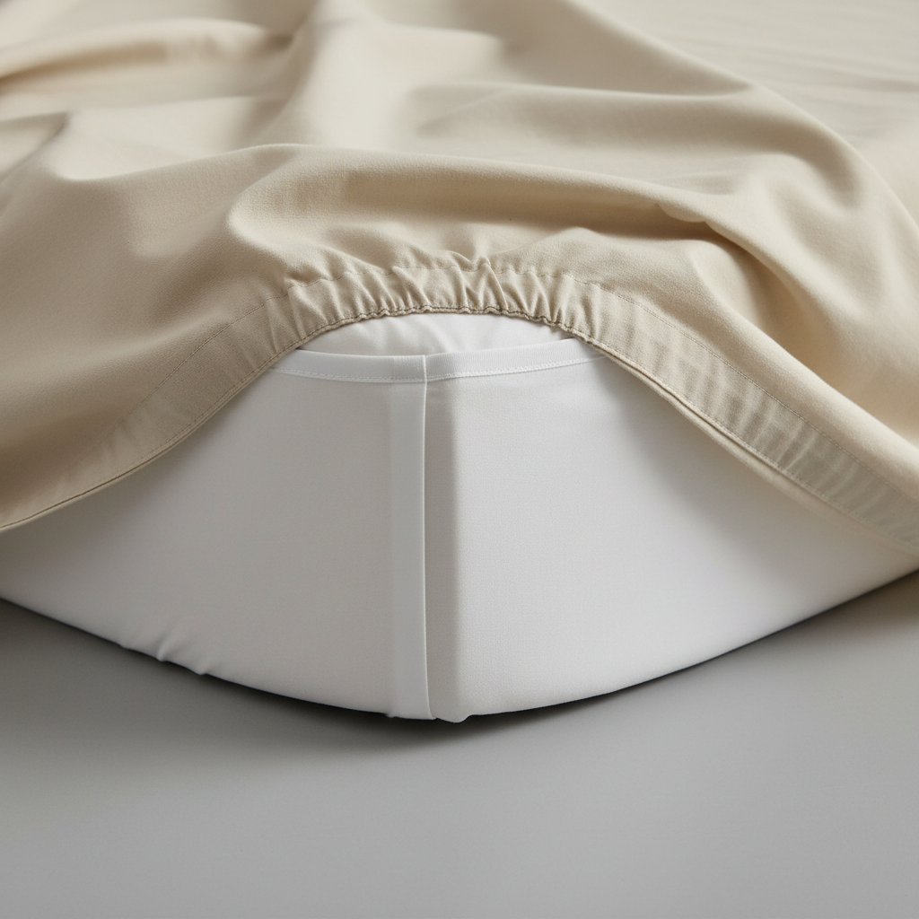 Corner view of a thick mattress with fitted white protector, showing deep pocket stretch, neutral bedroom backdrop