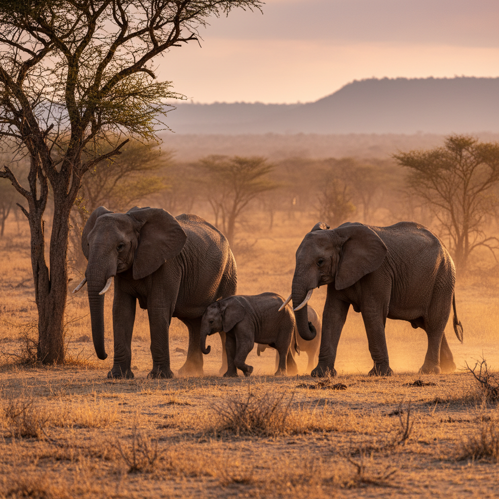 Elephant family crossing dusty plains at dusk, atmospheric haze, moody orange horizon, deep dark shadows