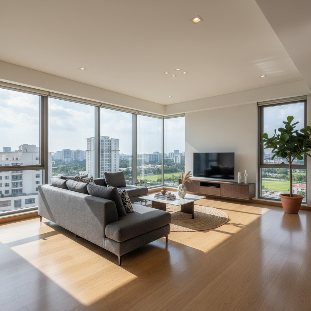 Modern 2BHK apartment interior with living room, wooden floors and large windows