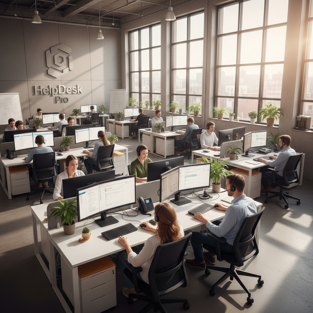 Professional customer service team working in modern bright office environment, well-lit corporate setting