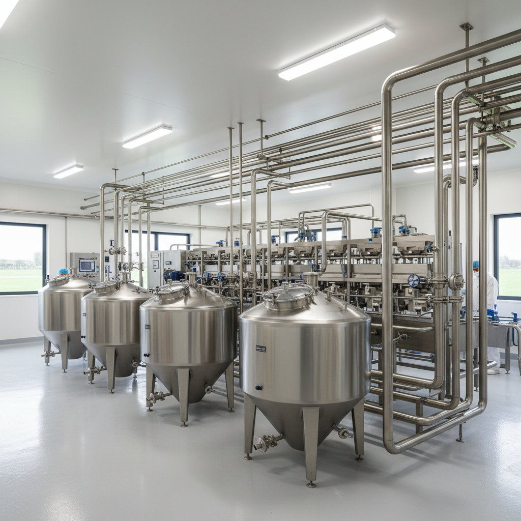 Modern dairy processing plant with stainless steel tanks and clean white sterile environment bright lighting