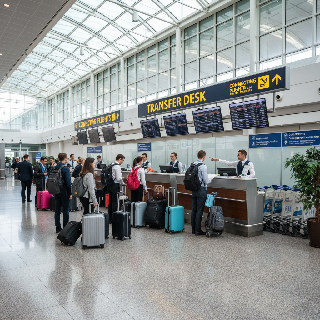 Passenger service agent helping traveler with luggage at airport departure gate, welcoming environment