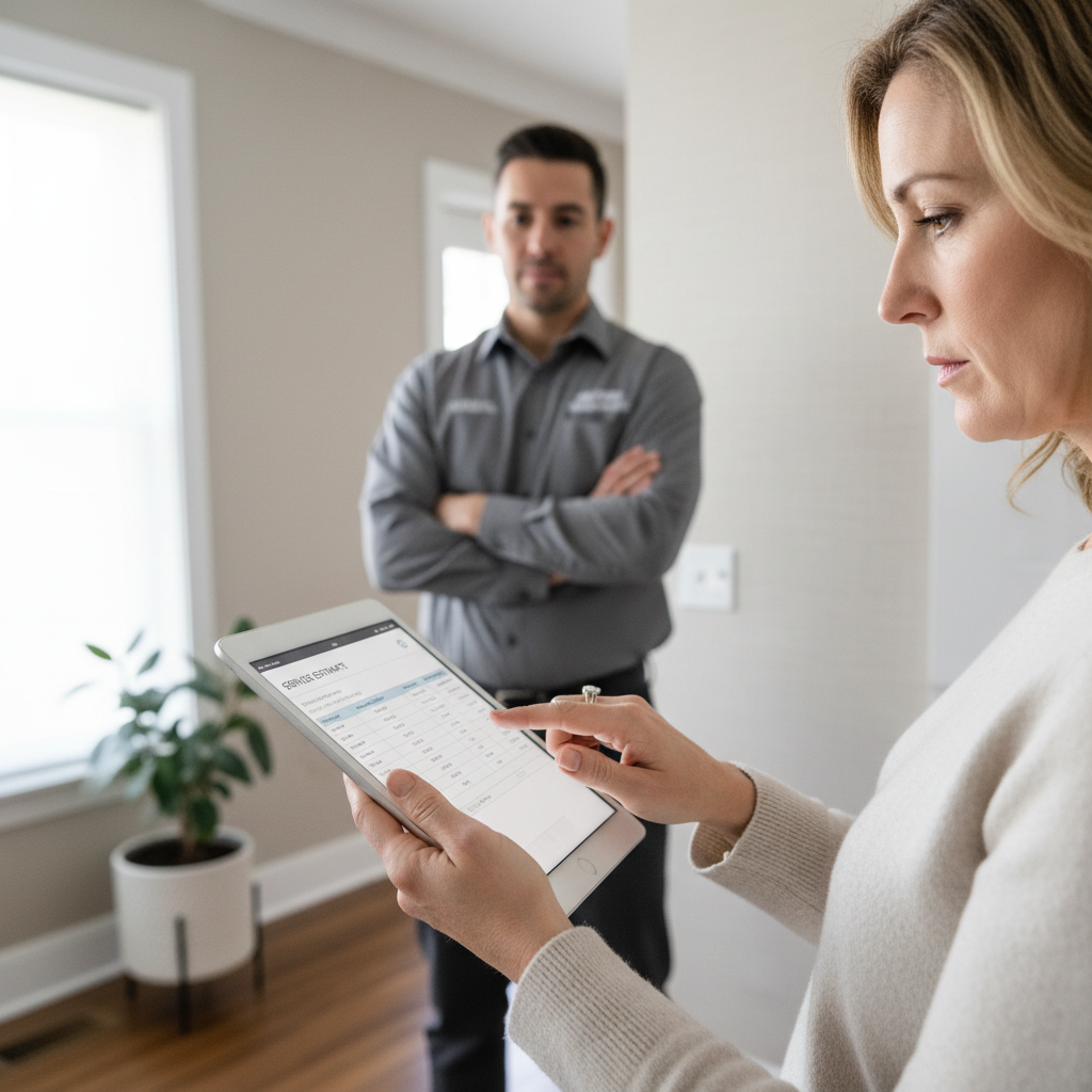 HVAC technician showing transparent pricing estimate on clipboard to homeowner in bright living room