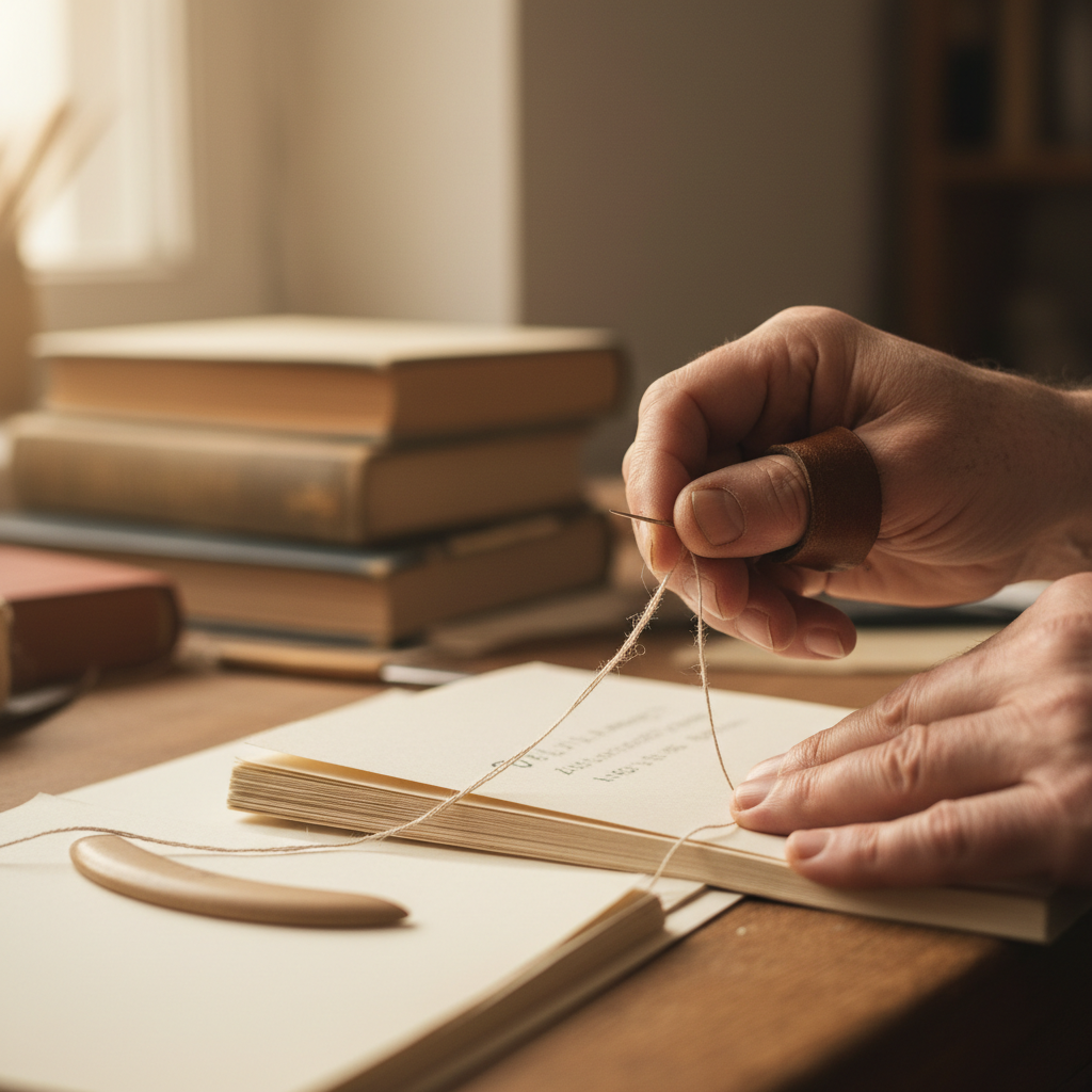 Craftsman hands sewing book signatures with linen thread under brass press