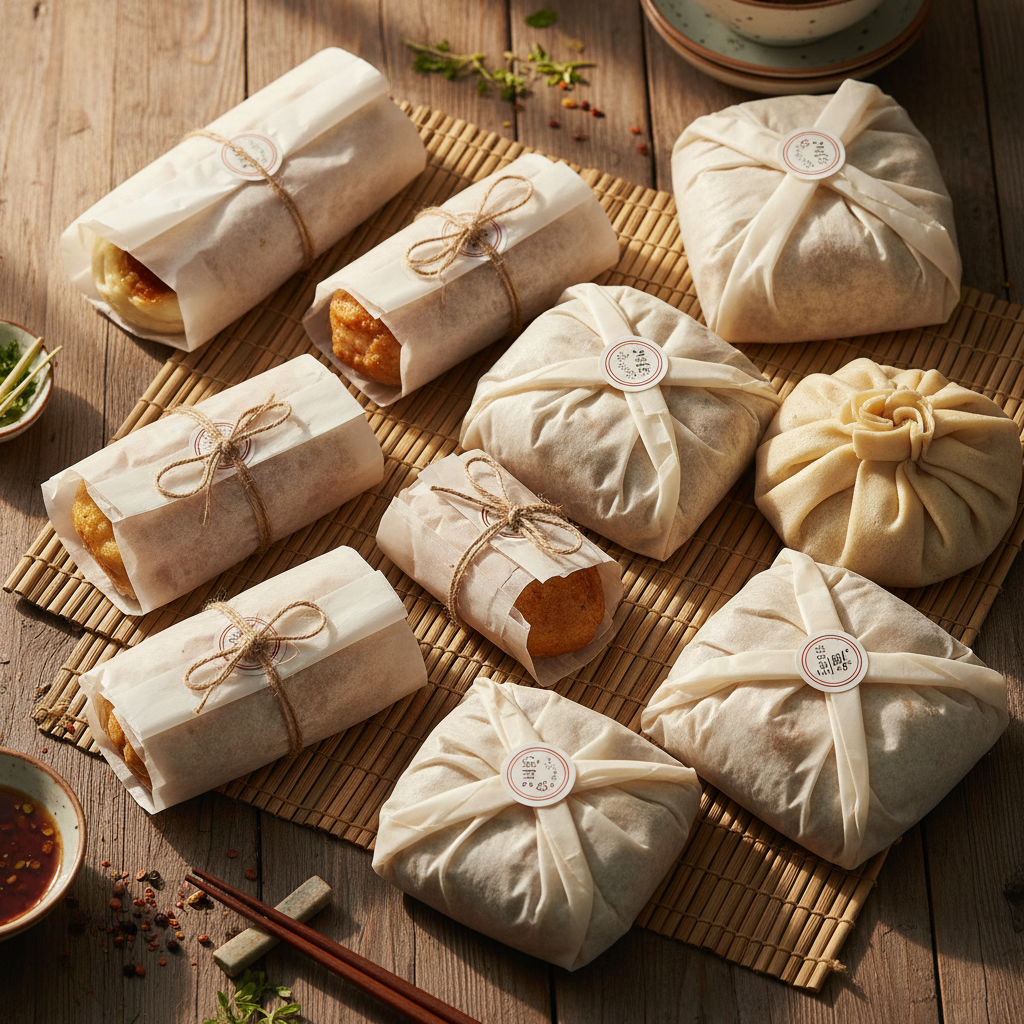 Overhead shot of wrapped street food parcels on wax paper