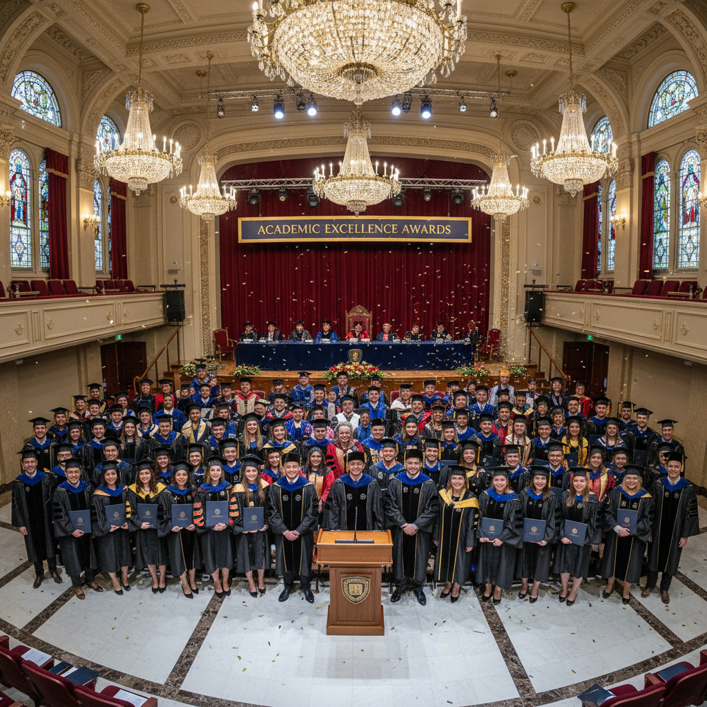 Graduation ceremony with honoris causa doctorate award, dignified academic setting with flags and formal recognition ceremony