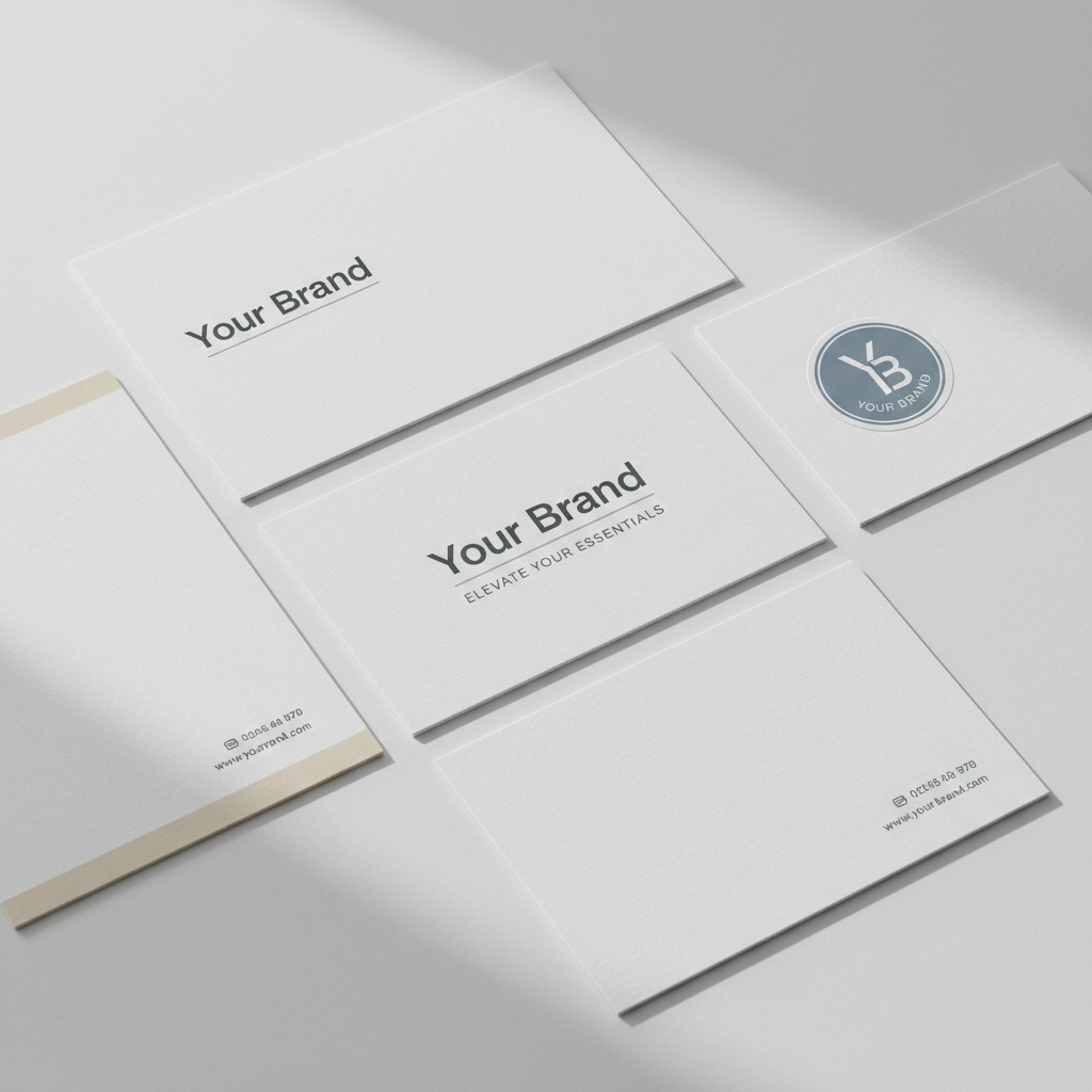 Professional brand system materials including business cards and letterhead in bright studio setting