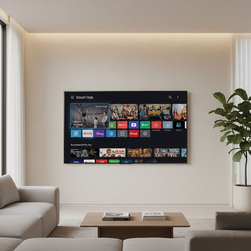 Large flat-screen Samsung smart television mounted on wall in modern living room