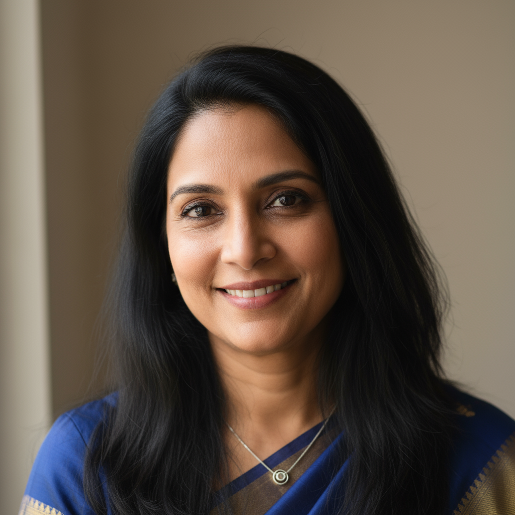 Portrait of Priya Nair, theatre director from India, elegant expression, artistic environment