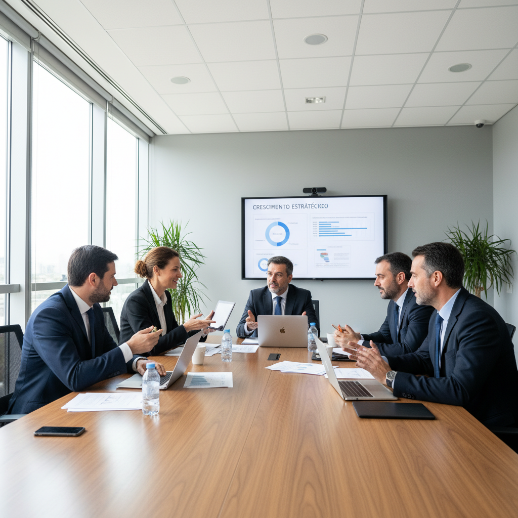 Professional business meeting with laptops and strategy documents on conference table