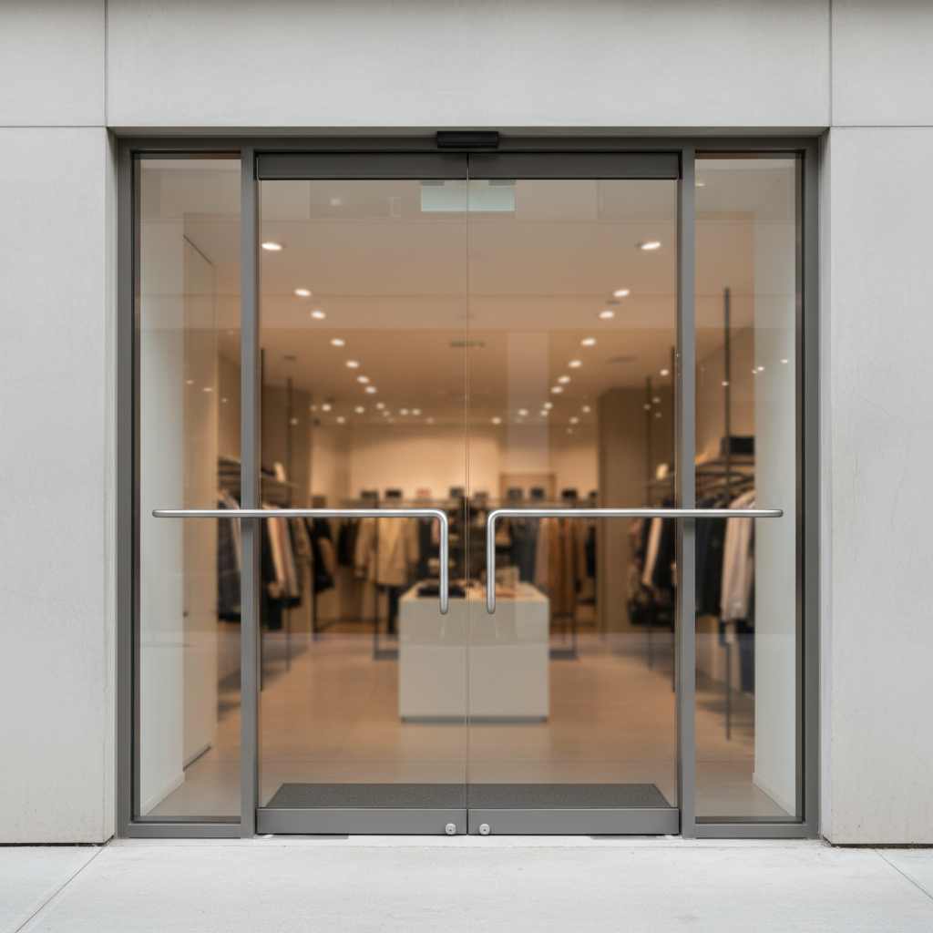Commercial swing door on retail storefront
