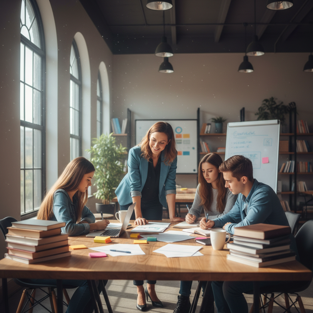 Educational consultant helping students in bright, well-lit office with books and paperwork, professional daytime setting