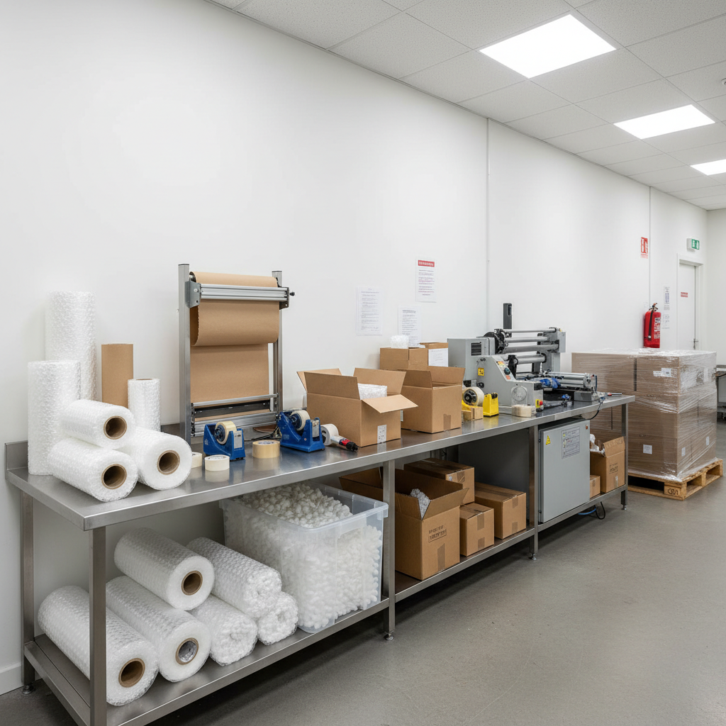 Secure packaging station with bubble wrap, boxes, and sealing equipment organized on workbench