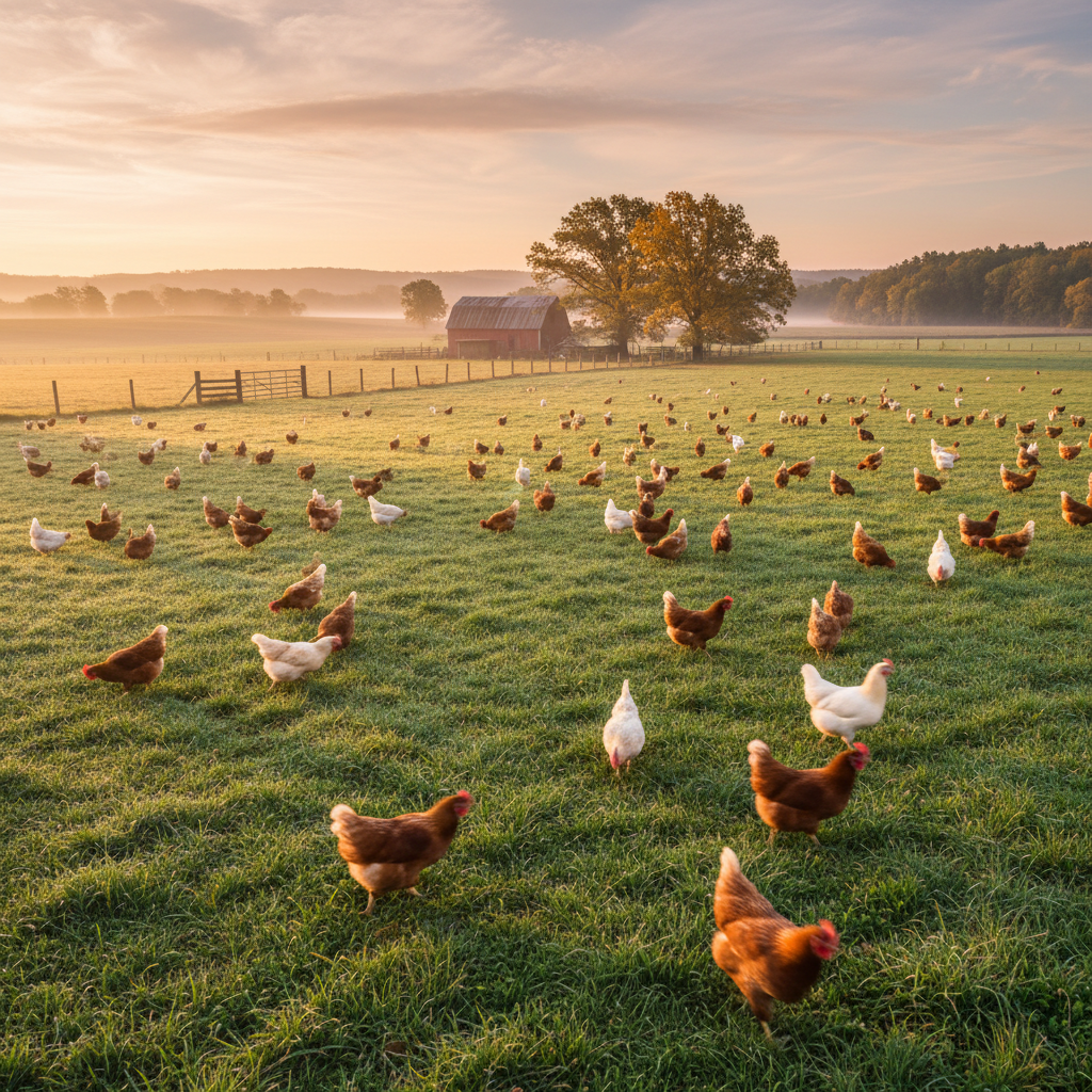 Chickens free-ranging on green pasture in early morning golden light