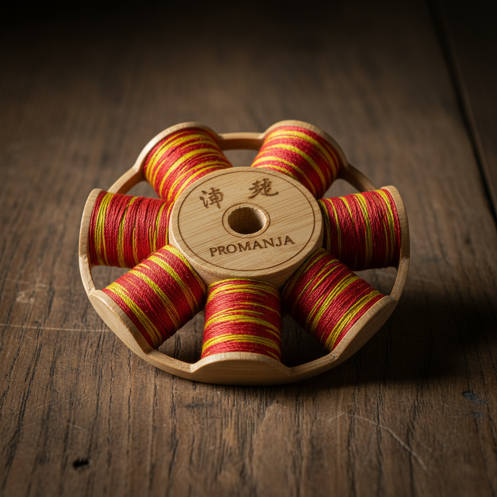 Pro Manja 6-Cord spool — front view showing bright red and yellow coated thread on wooden surface