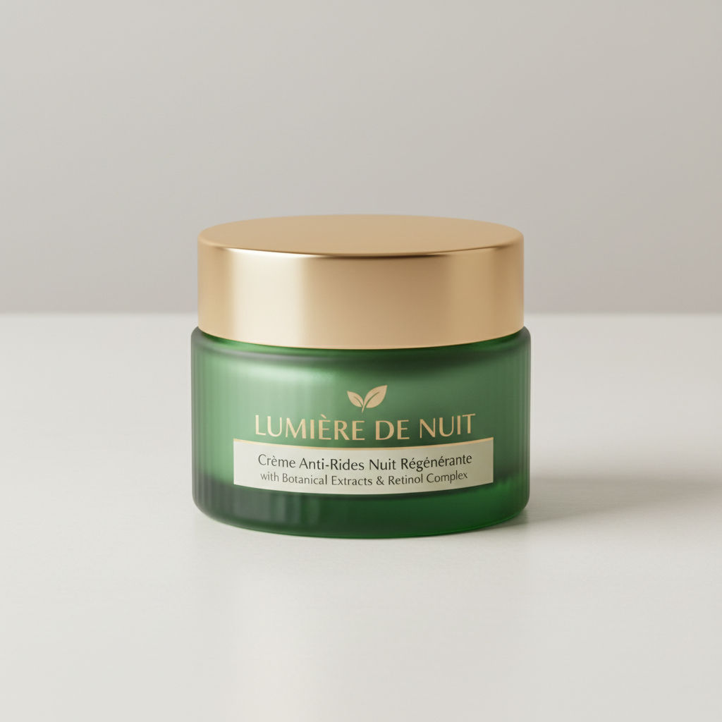 Luxury skincare cream jar on dark surface, moody atmospheric lighting, gold label, editorial photography