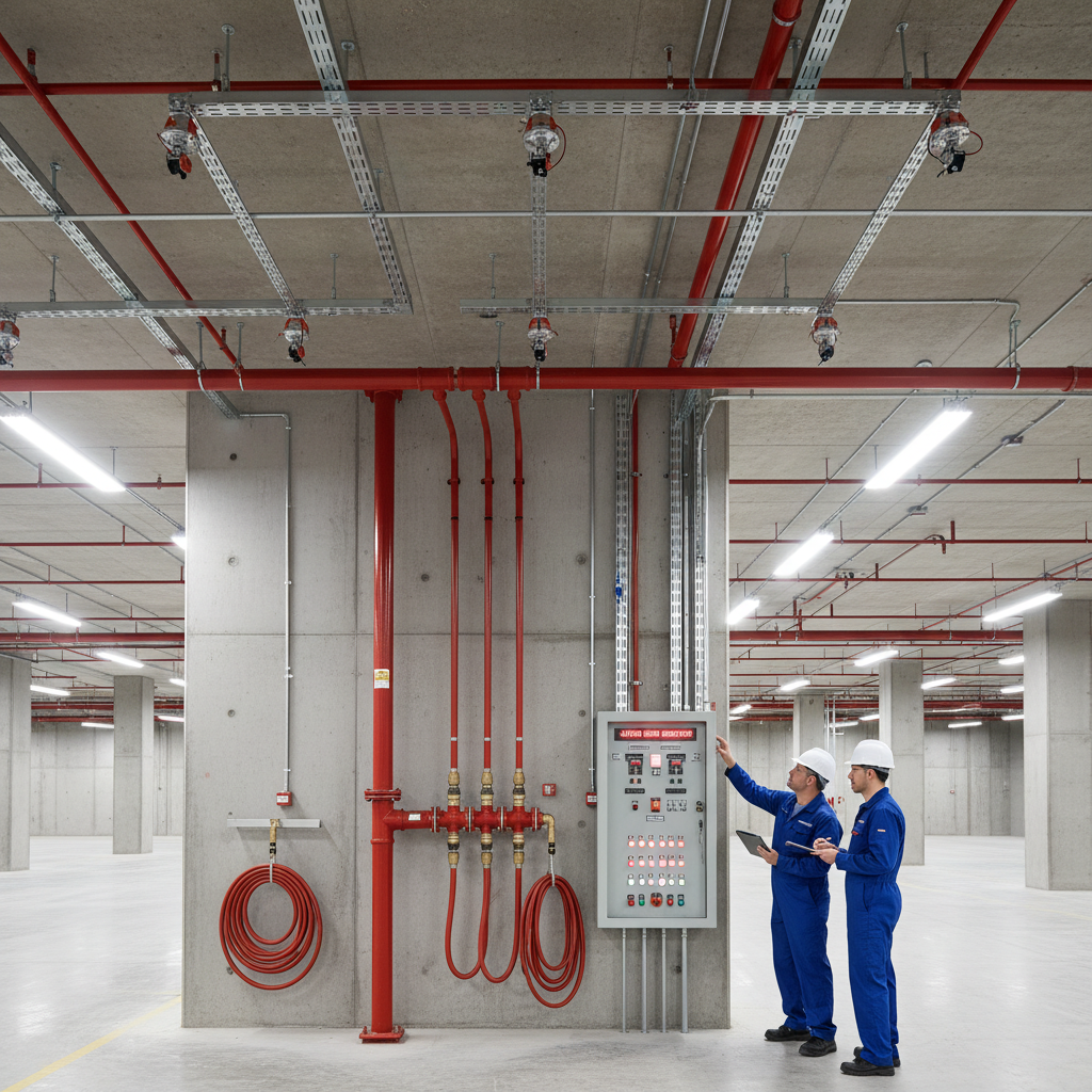 Commercial fire suppression system with sprinkler heads, standpipe connections, and fire alarm panel under inspection