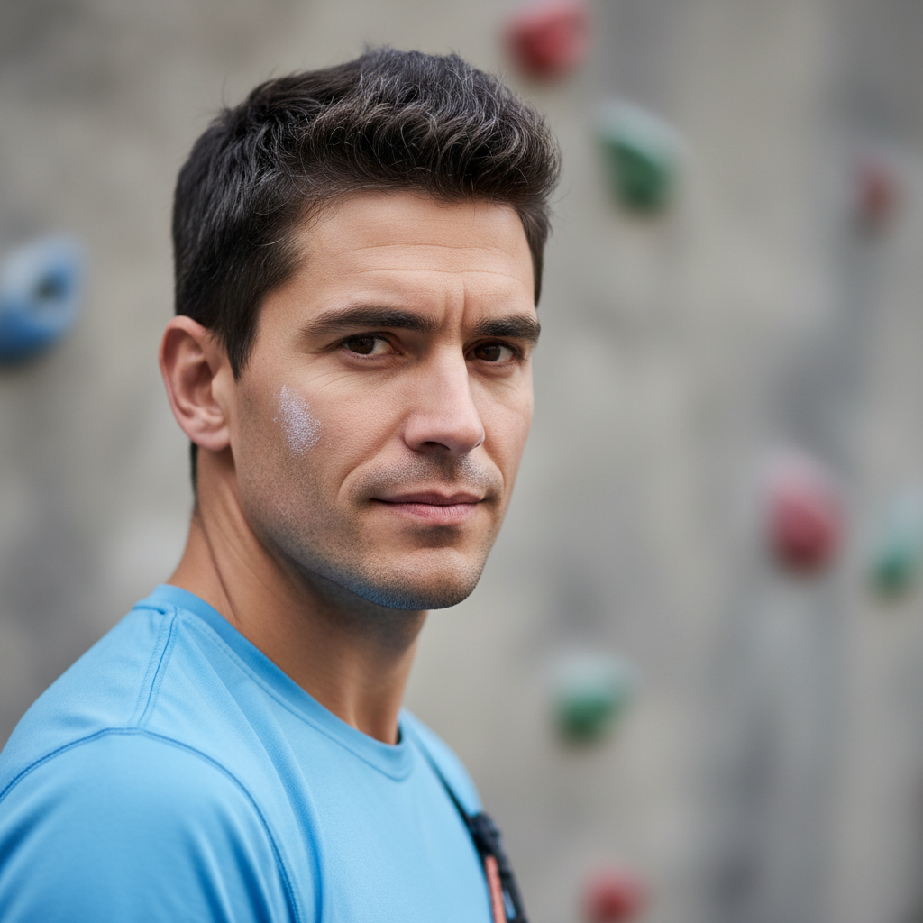 Portrait of Marcus, male mountaineer with weathered features and confident expression