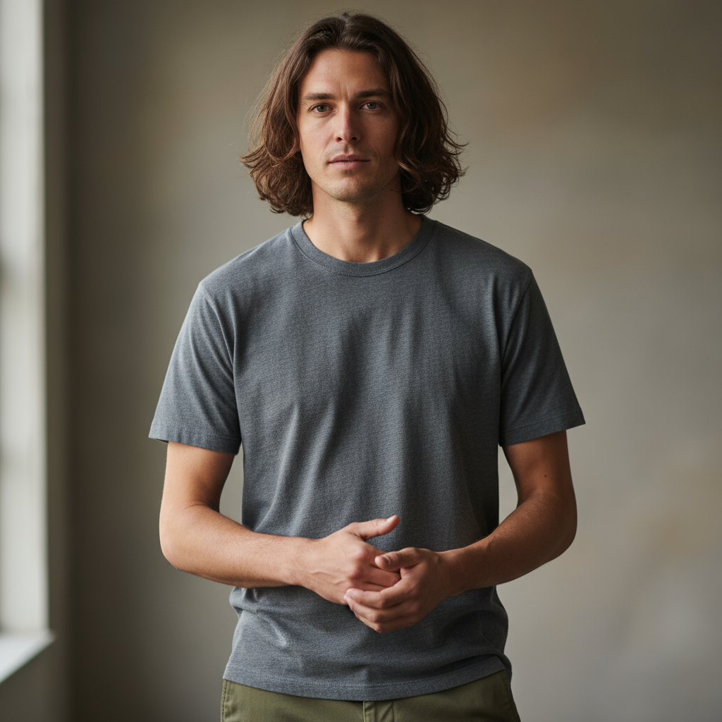 Man with short dark hair, neutral background