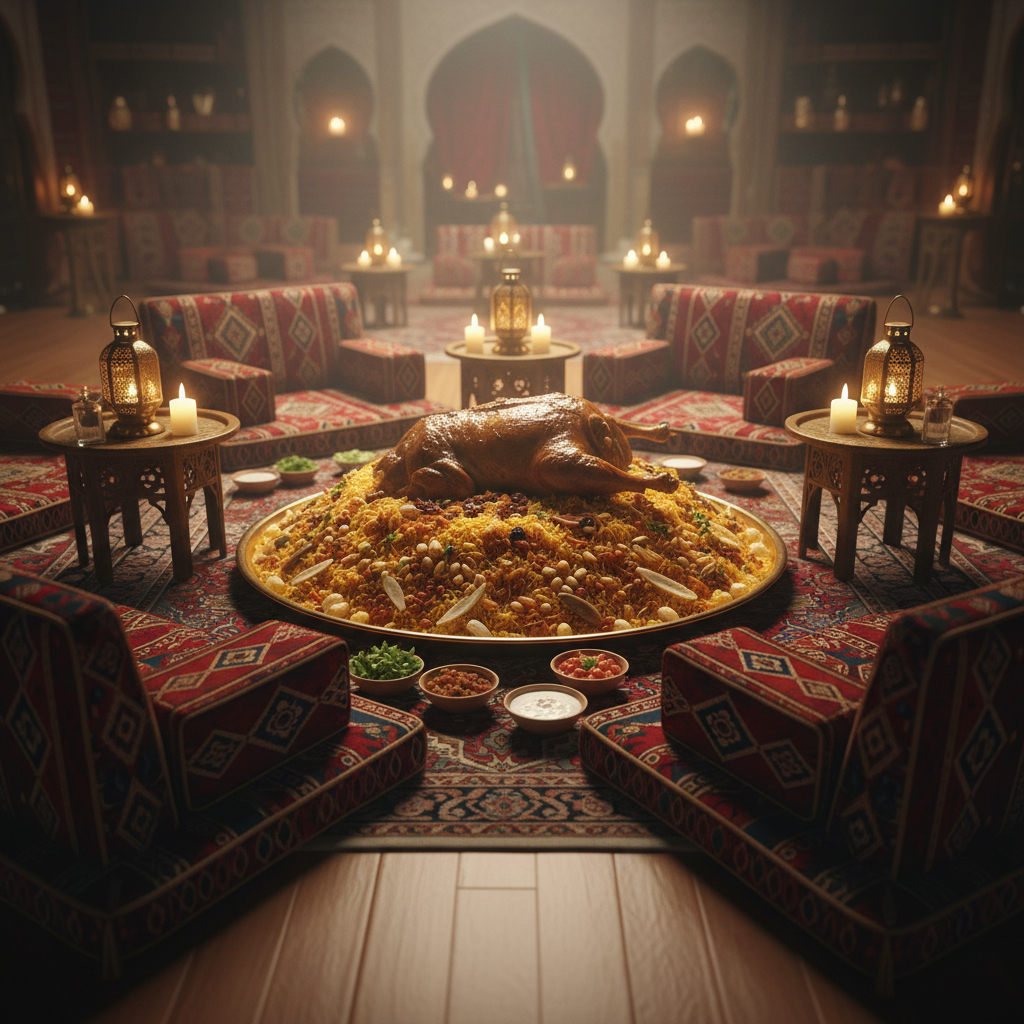 Intimate private dining setup with traditional Saudi floor cushions and a central mound of lamb mandi
