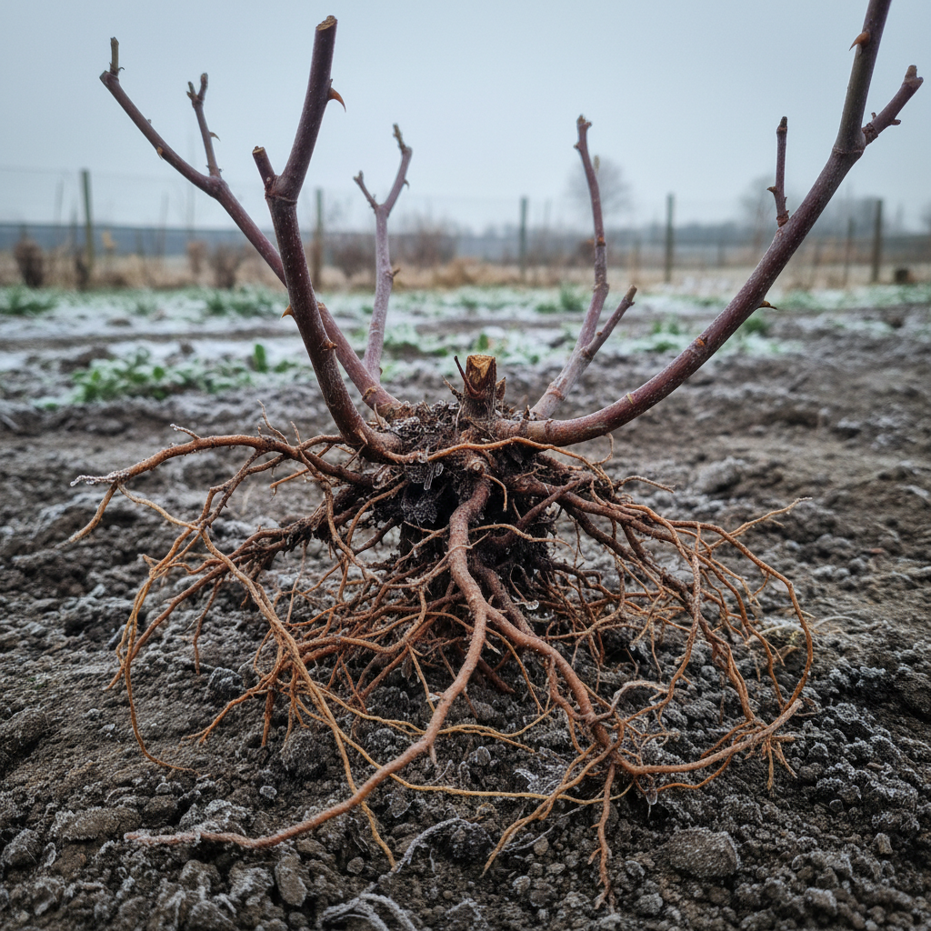 Bare-root rose with exposed roots ready for planting in winter soil