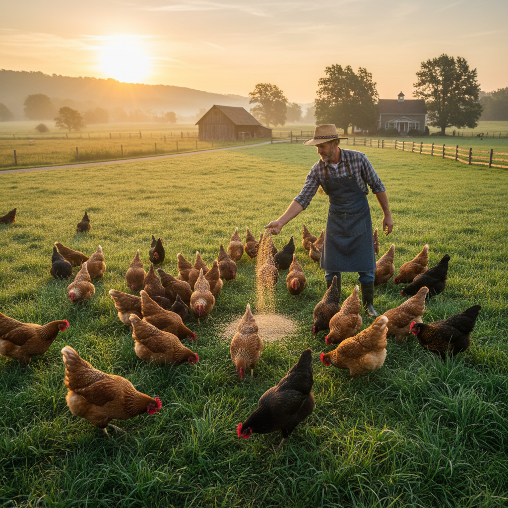 Organic chicken feed made from natural grains for free-range poultry