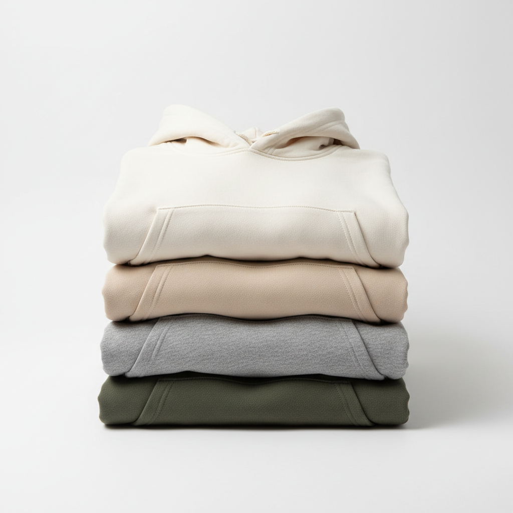 Stacks of custom printed hoodies in various colors in a bright apparel production space