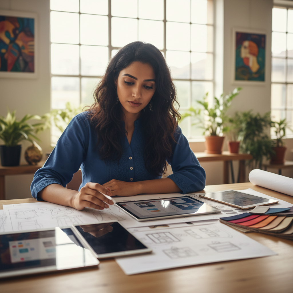 Kavya Reddy, young Indian woman UX designer with creative workspace background