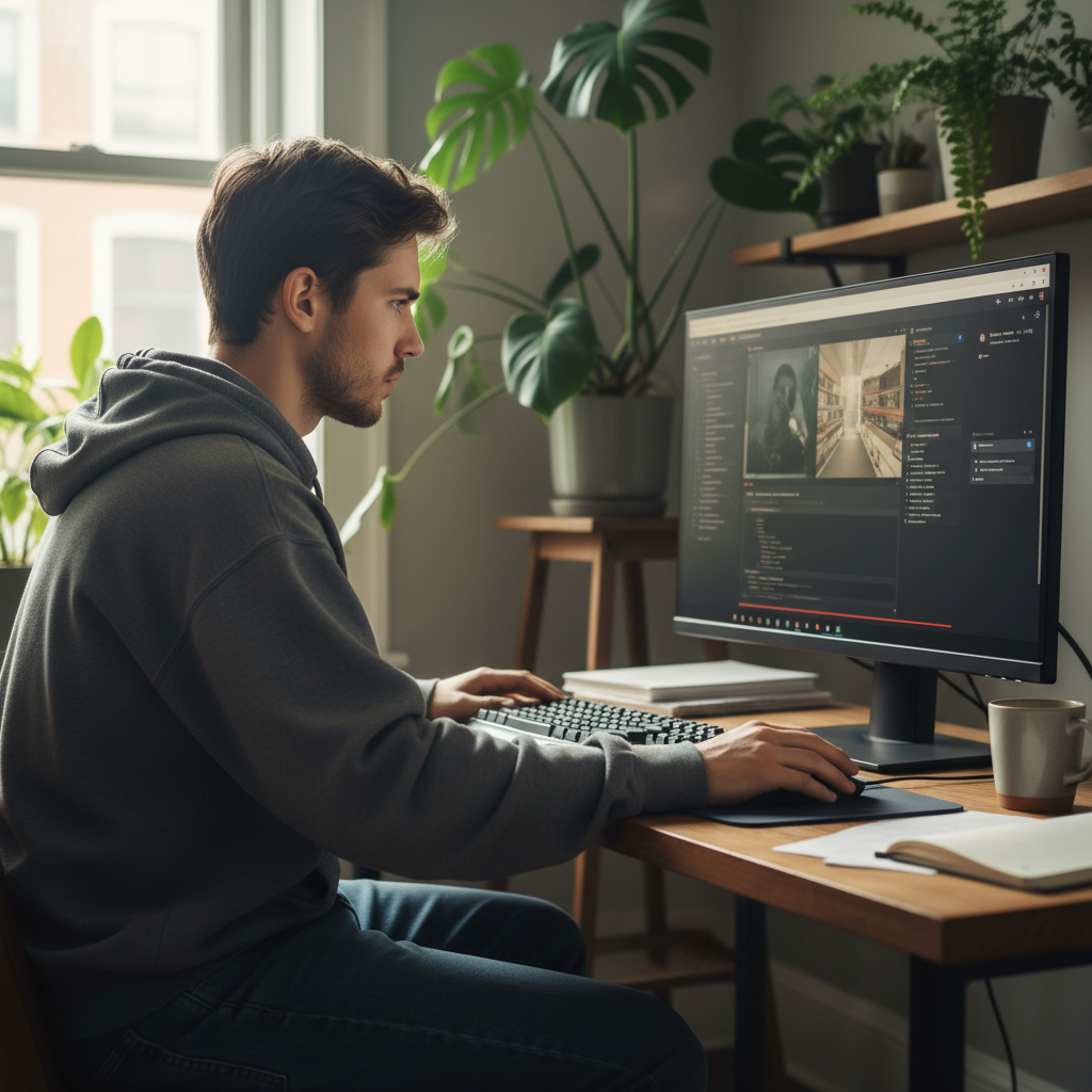 Person recording screen tutorial video with bright home office setup