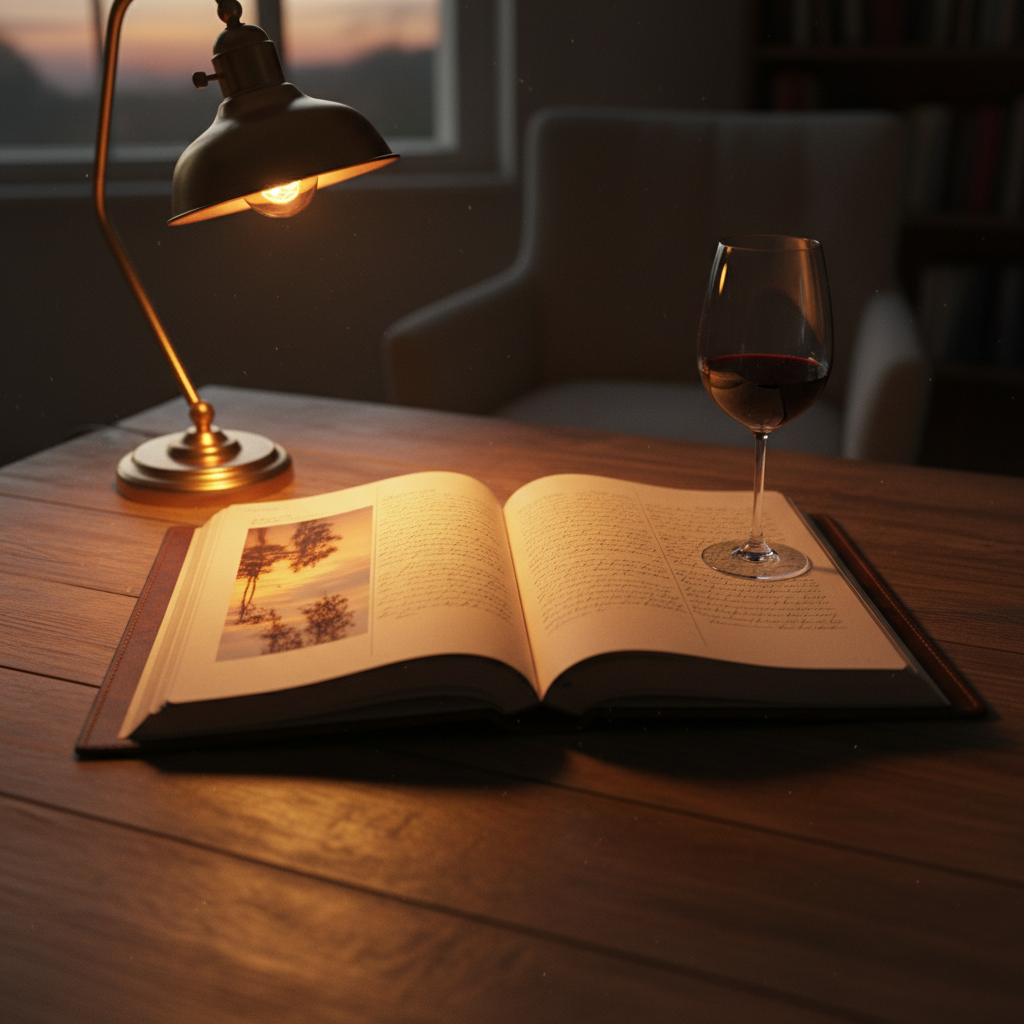 Open journal with evening reflection spread, a glass of red wine nearby casting a warm shadow across the pages under a single lamp