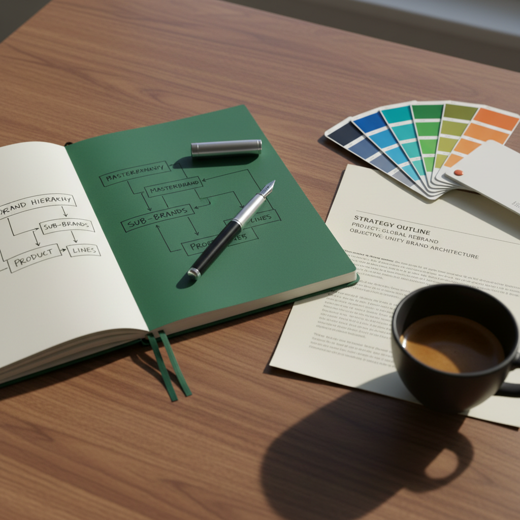 Strategist's walnut desk with open Leuchtturm notebook showing brand architecture diagram, uncapped pen resting diagonally, Pantone chips overlapping a typed brief, and espresso in a ceramic cup casting a half-shadow
