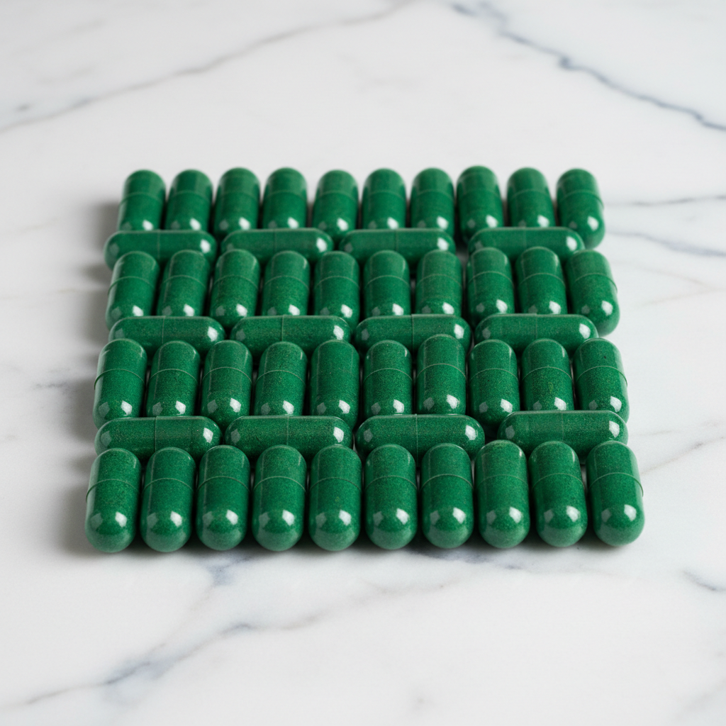White mineral supplement tablets arranged neatly on bright white surface with natural light