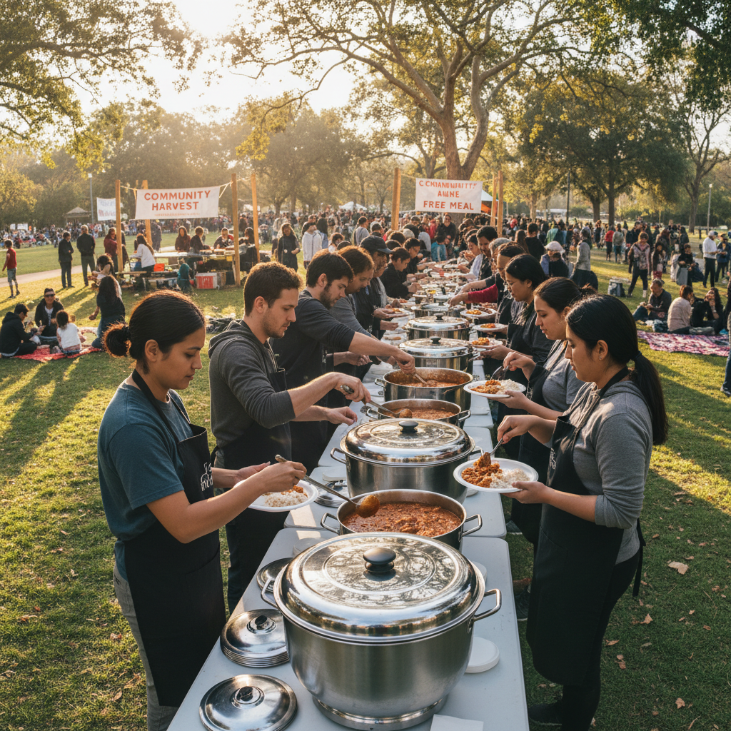 Volunteers serving food from large steel vessels at a community meal program