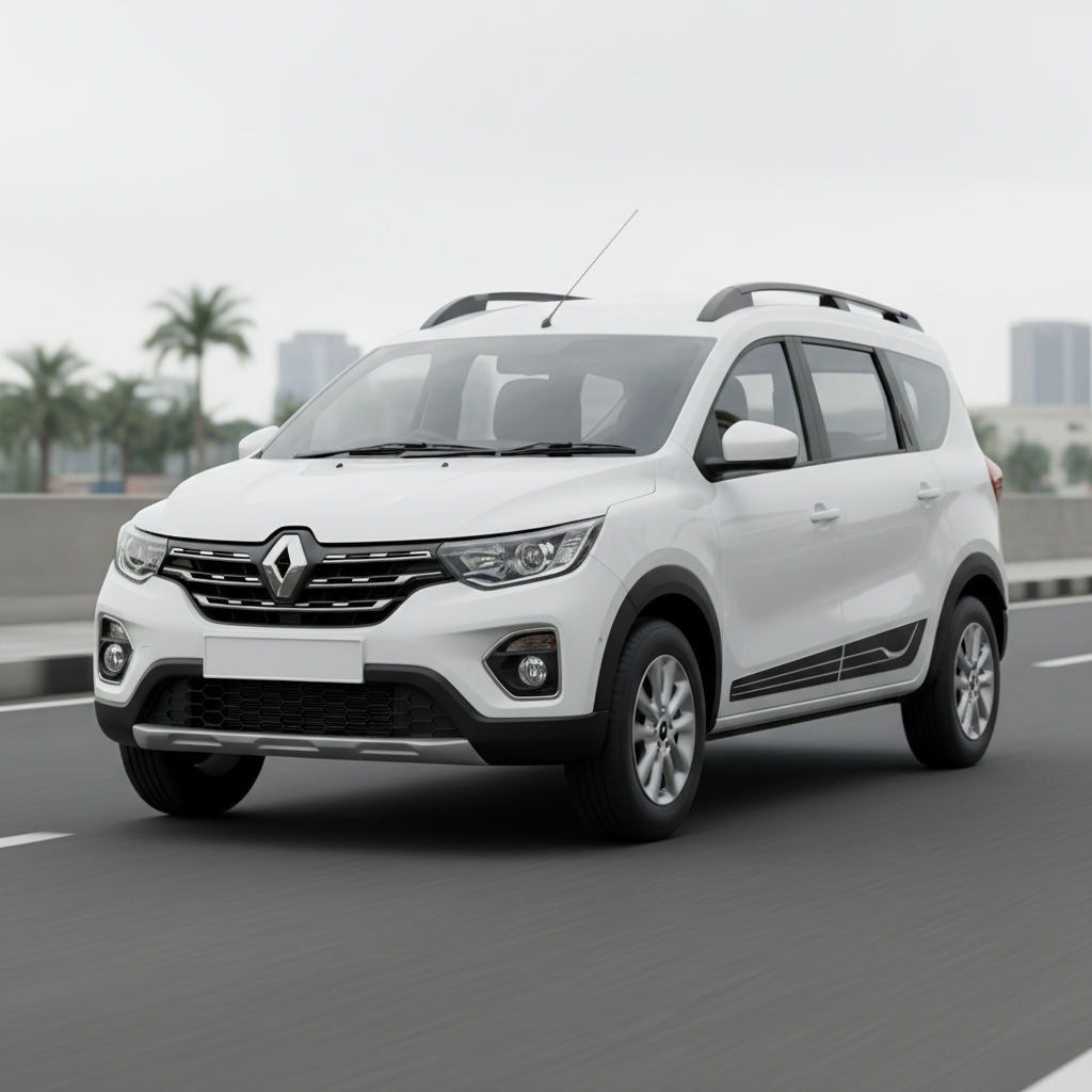 White MPV family van on Indian highway, spacious vehicle, bright daylight, green surroundings
