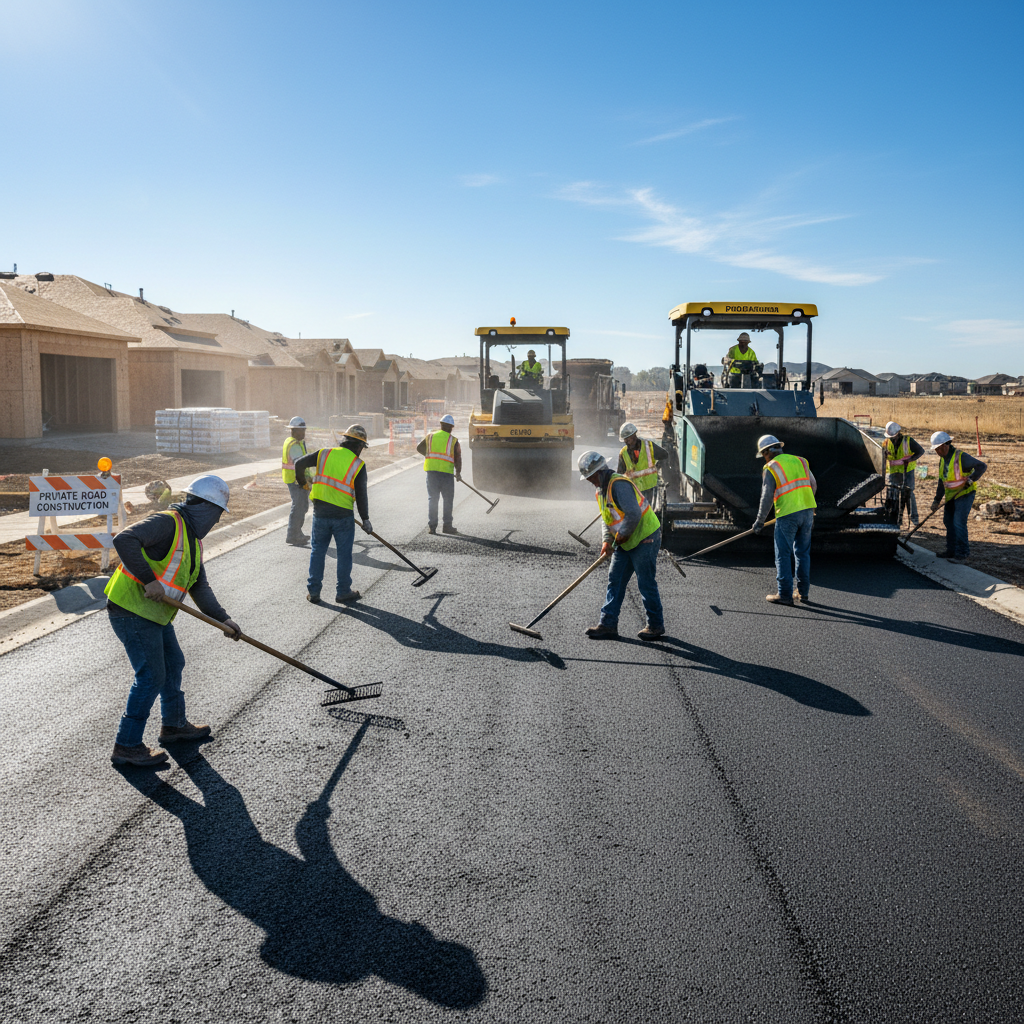 Paving crew working on residential private road with roller visible in background