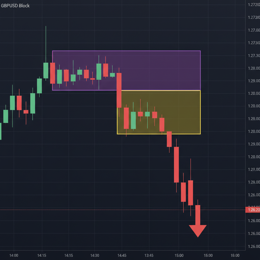 Forex chart showing order block zones marked with rectangles, bearish and bullish order blocks highlighted on dark background