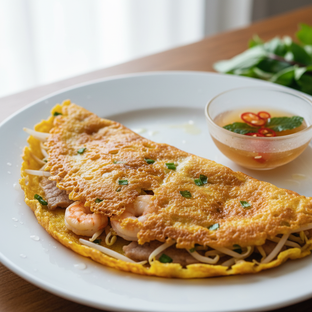 Crispy golden banh xeo sizzling crepe plated on a modern white plate with dipping sauce