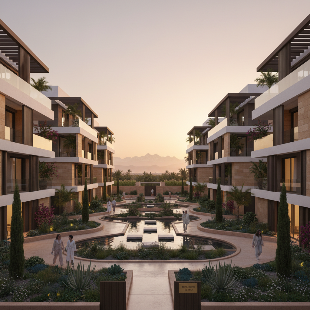 Luxury apartment complex exterior at golden hour with landscaped gardens and modern architectural design