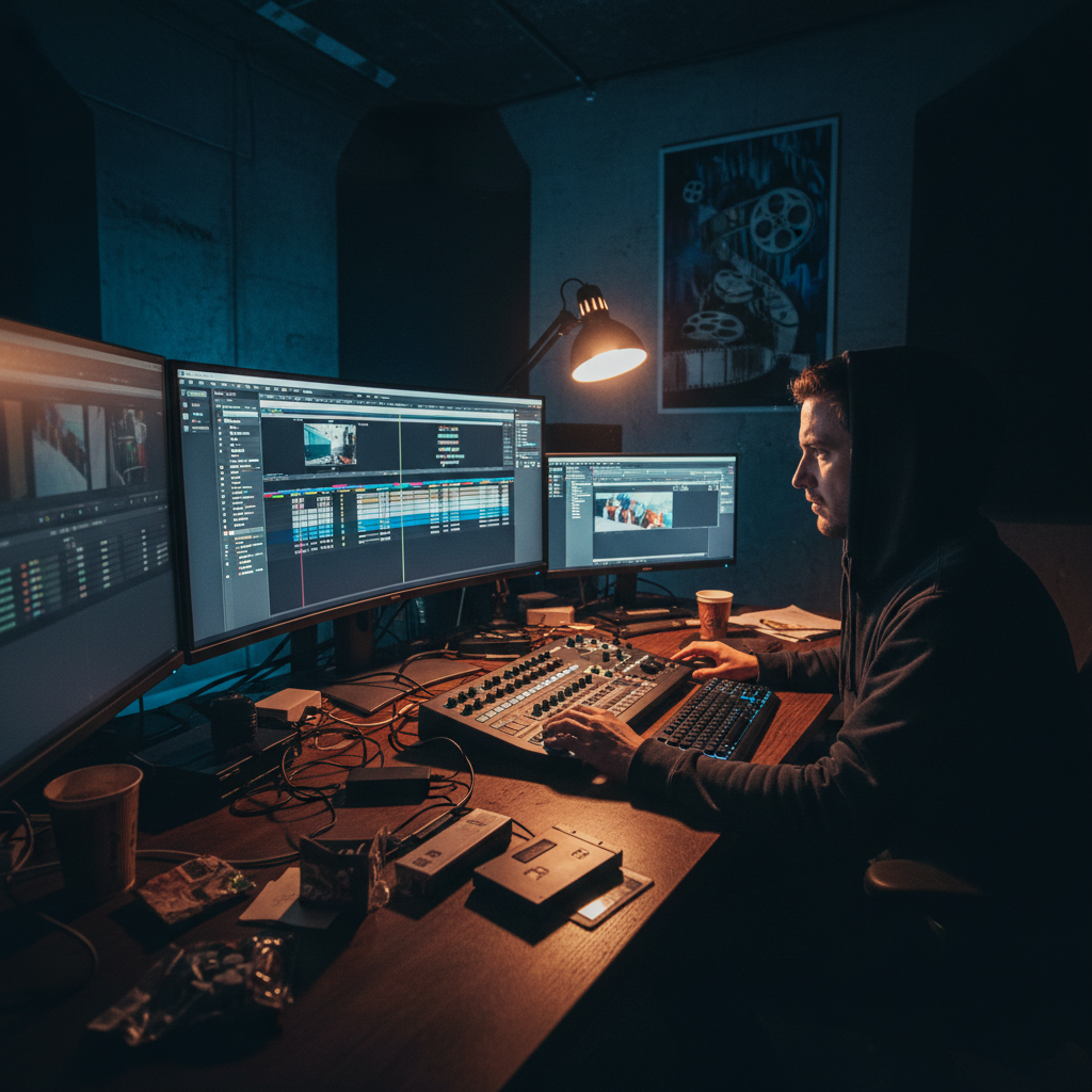 Portrait of film editor Jin-woo Park at editing workstation