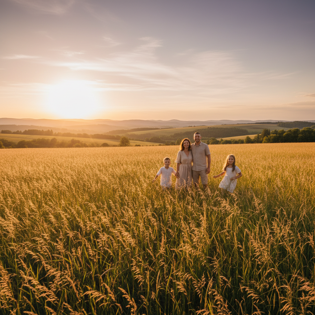 Family of four sitting together on a grassy hill during golden hour