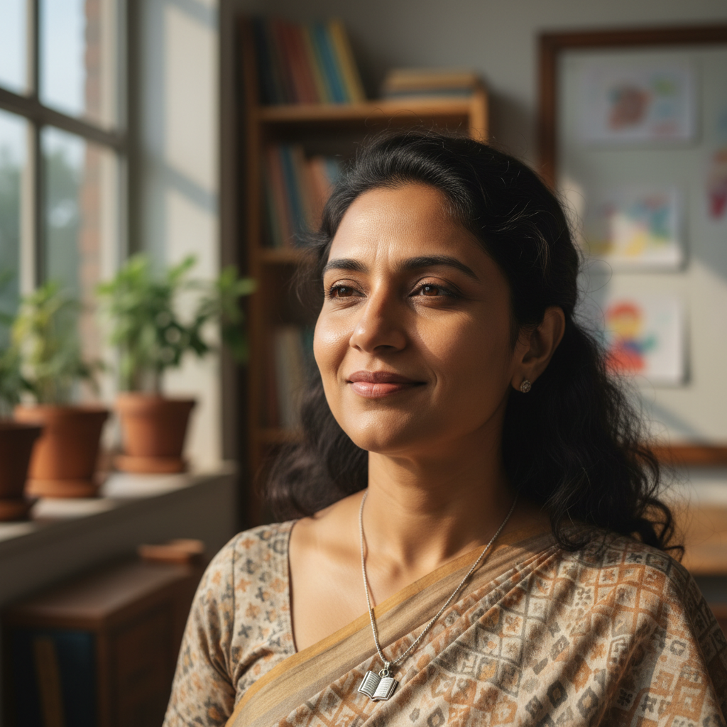 Professional portrait of a South Asian female technology teacher smiling, modern background