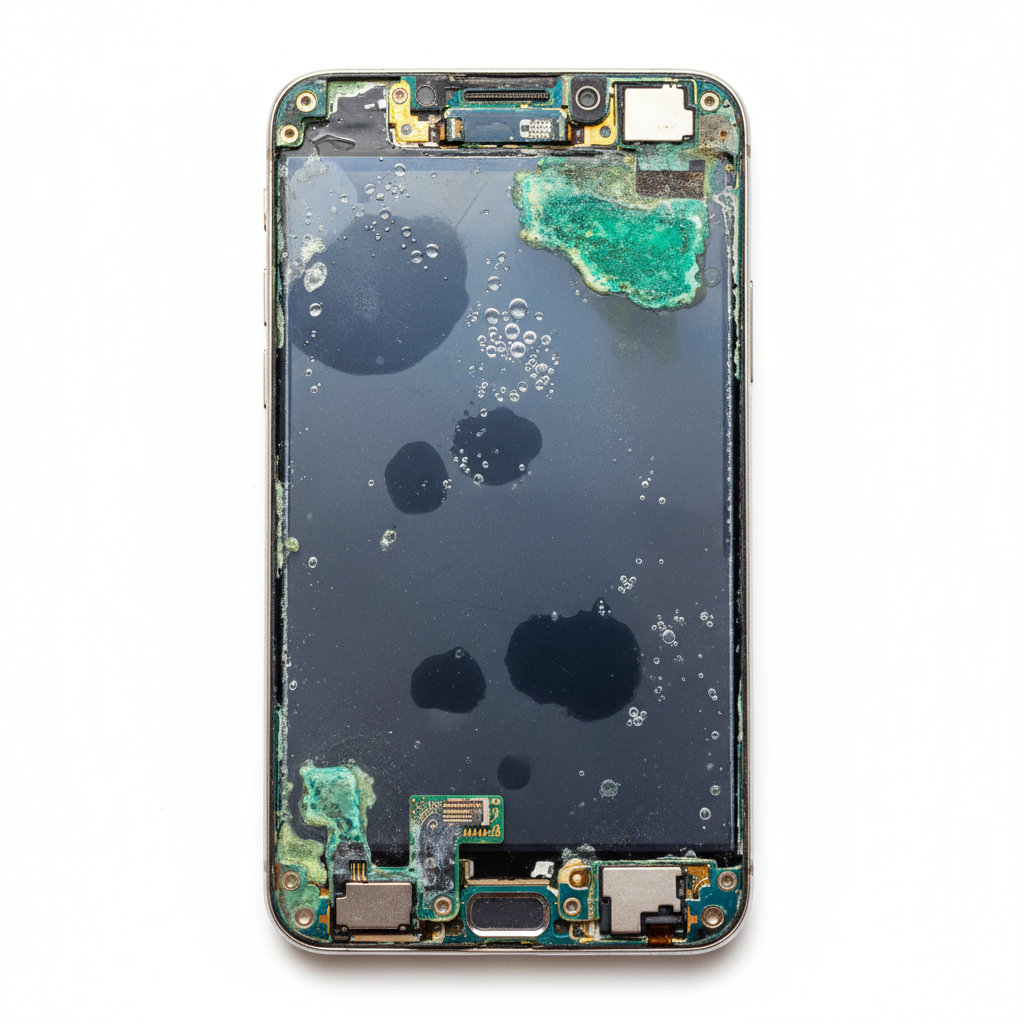 Water damaged smartphone disassembled showing corrosion, dim workshop lighting