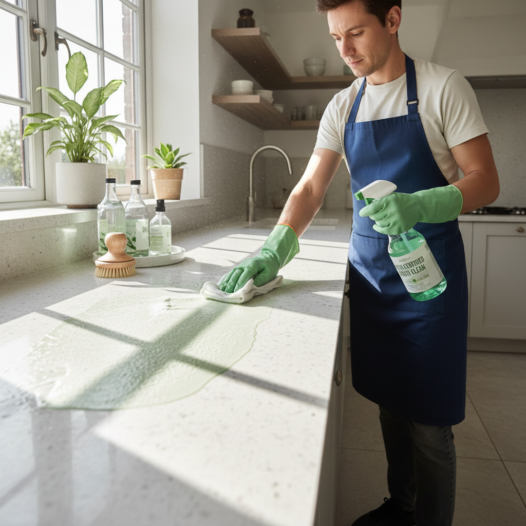 Professional cleaner using eco-certified green cleaning products on a kitchen countertop