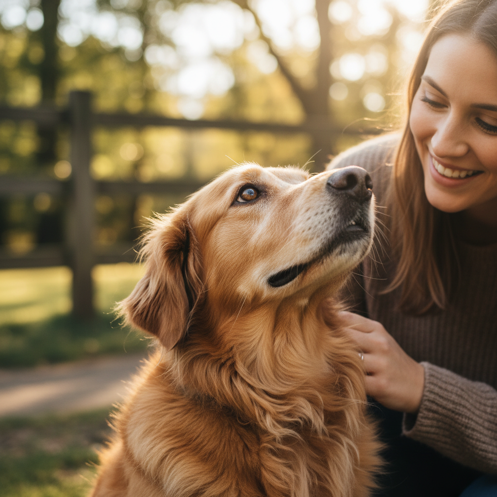 Dog looking up at owner with pure devotion during an outdoor session