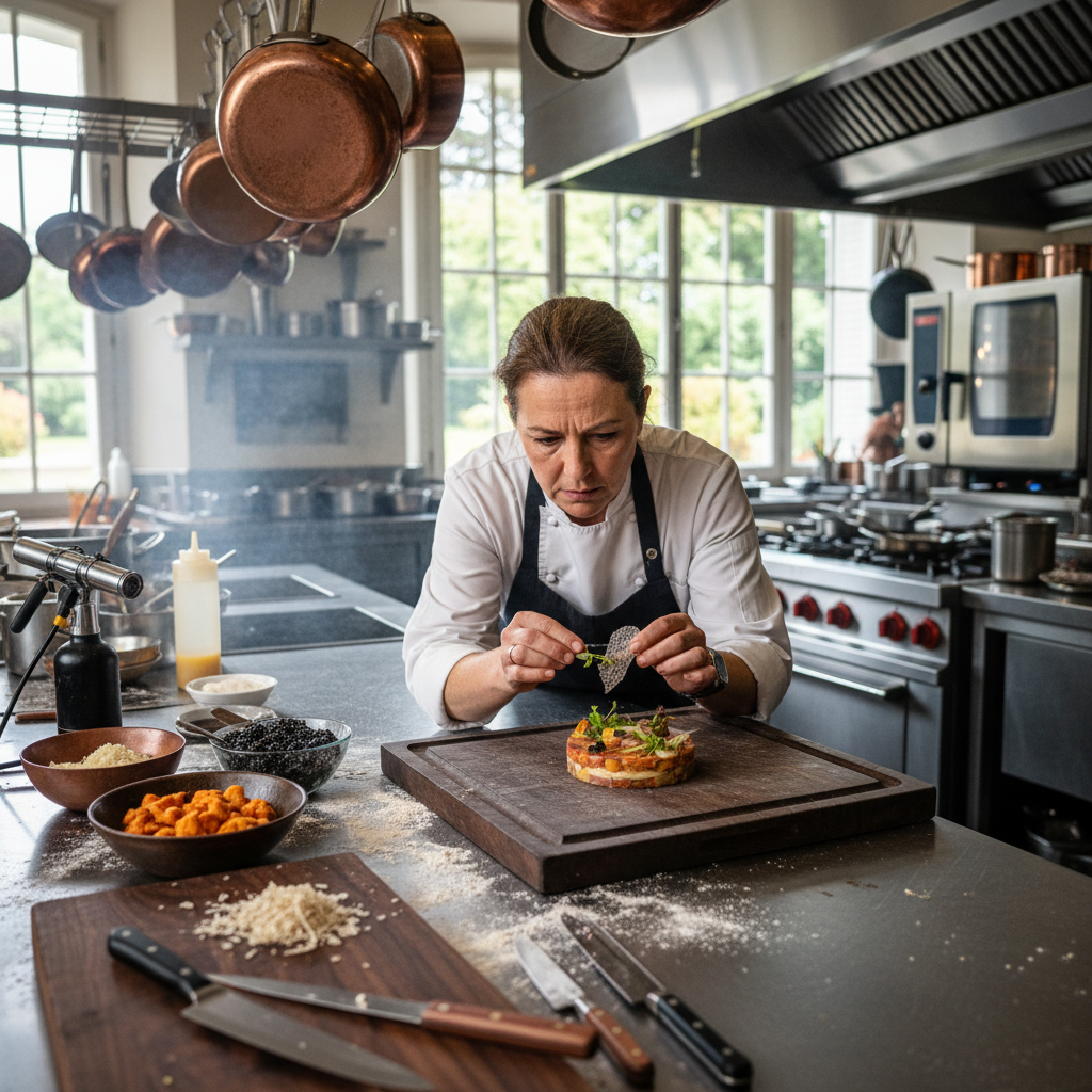 Chef Isabelle Maren carefully arranging a beautifully plated dish with edible flowers