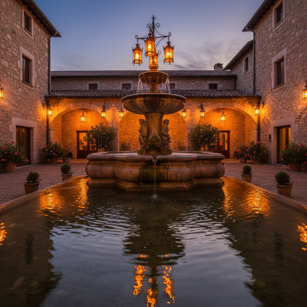 Ashram courtyard at dusk, long deep shadows, stone architecture, dim warm lantern glow
