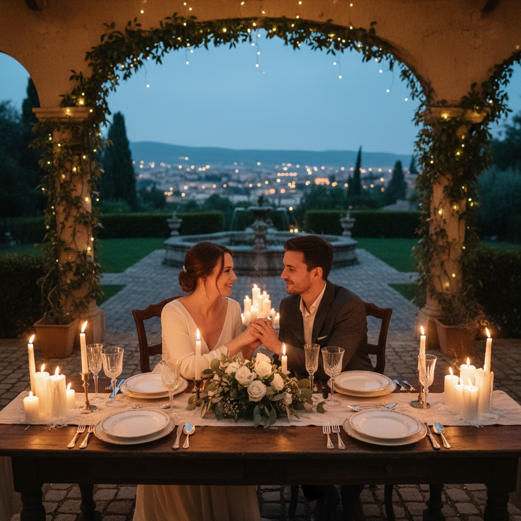 Intimate candlelit dinner scene, two people at a table, hands close, warm amber light, food and wine visible